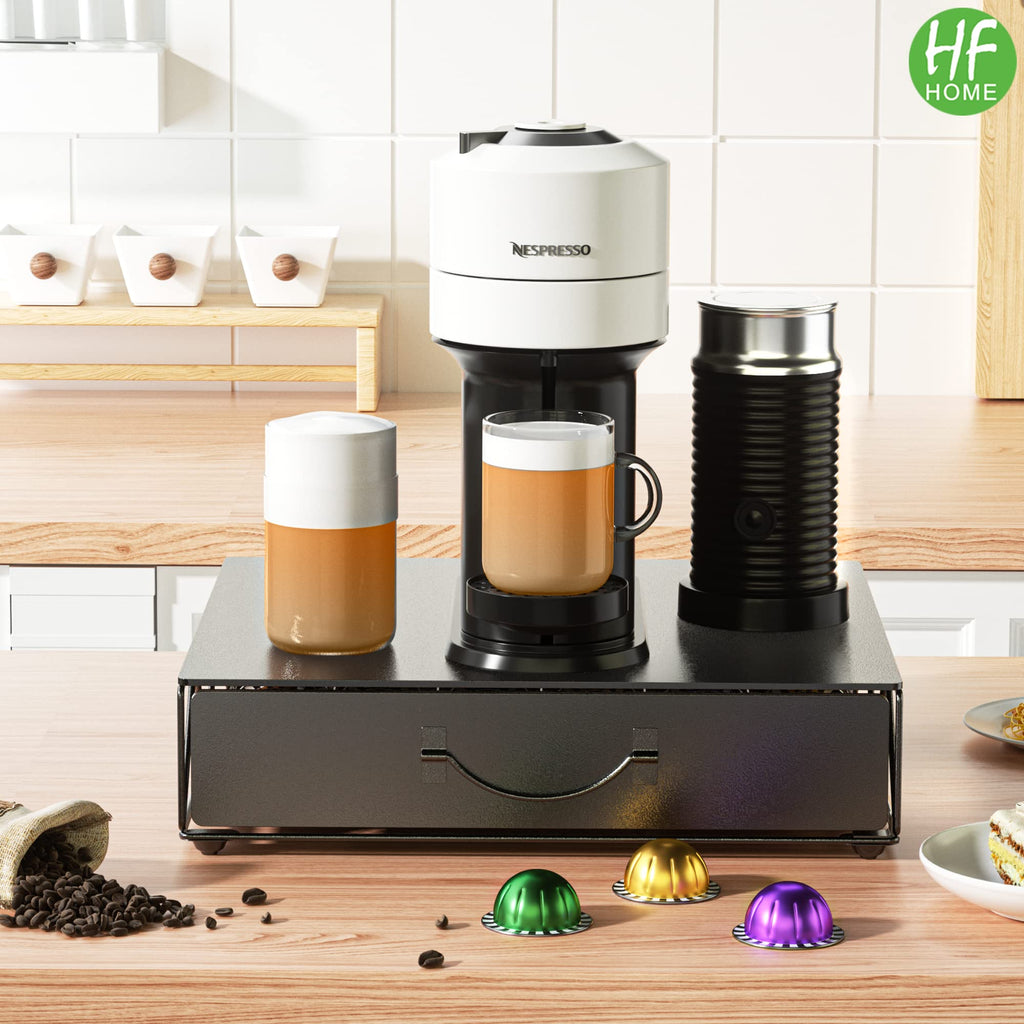 HFHOME Coffee Pod Drawer, 48 Vertuoline Capsules Holder, Pods Storage Drawer Holder for 36 K Cup, Metal Coffee Station for Nespresso Vertuo Capsules for Home Office Counter, Black