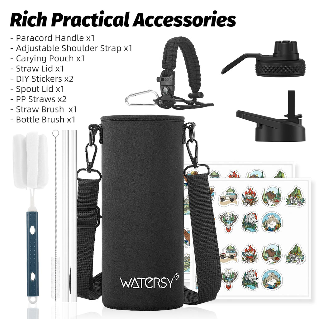 40oz Insulated Water Bottle (Cold for 48 Hrs),BPA Free&Leak Proof,Stainless Steel Water Flask,Water Jug with Straw Spout Lids for Gym,Hiking,Travel,Black