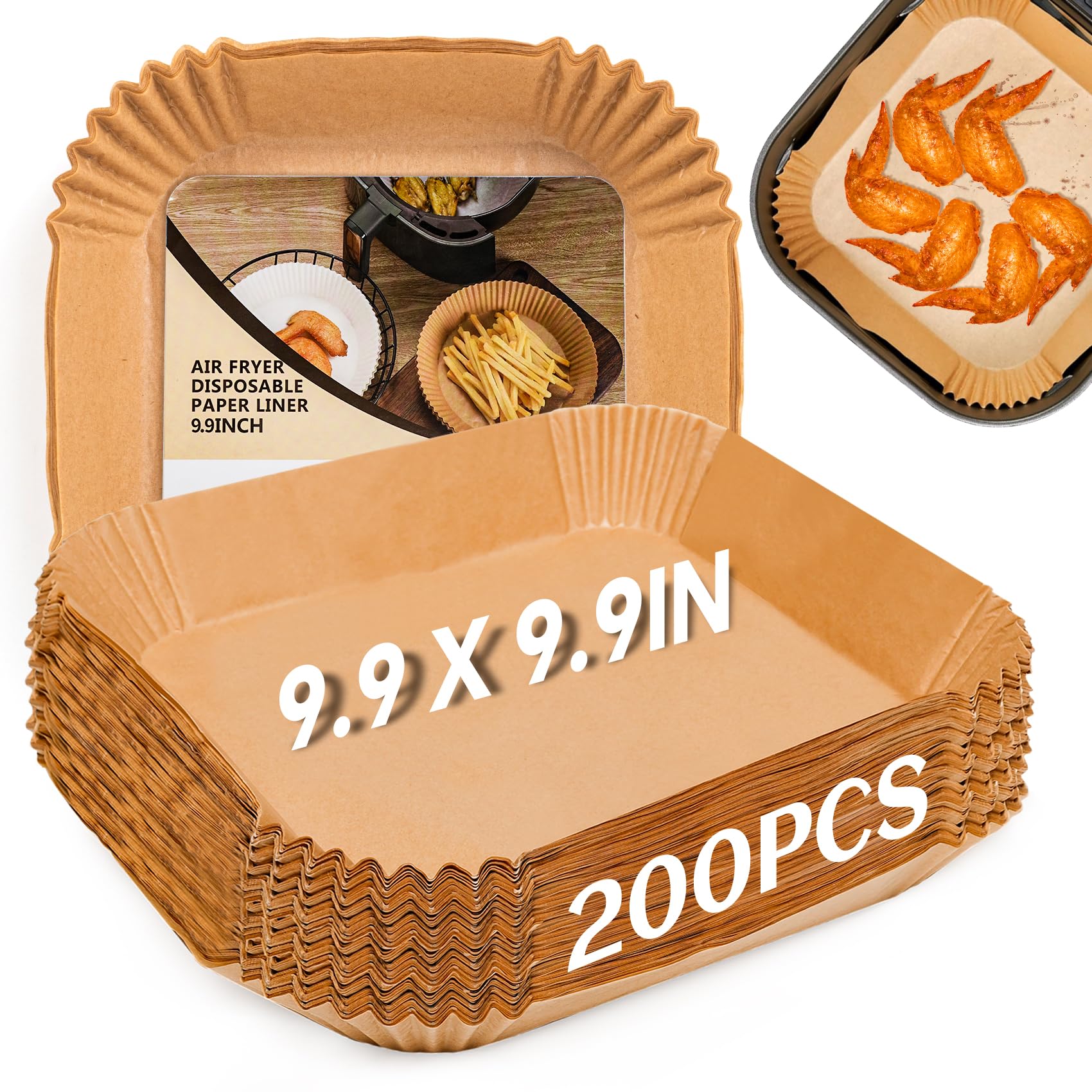 Disposable Air Fryer Liners, 200-Pack 9-Inch Square Parchment Paper - Non-Stick & Grease-Proof for 5-7 QT Air Fryer Baskets, Also Microwave Safe (100, 9 Inch)
