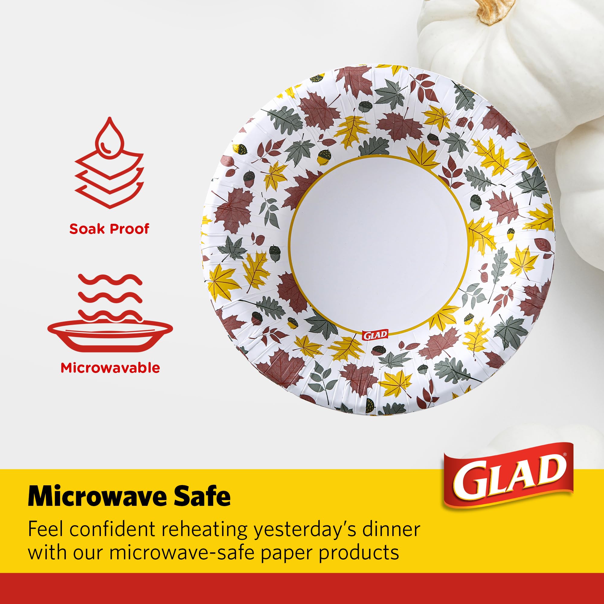 Glad Everyday Disposable Paper Bowls with Falling Foliage Design | Cut-Proof, Microwaveable Paper Bowls, Autumn Themed Disposable Bowls for Everyday Use | 16 Ounces, 50 Count
