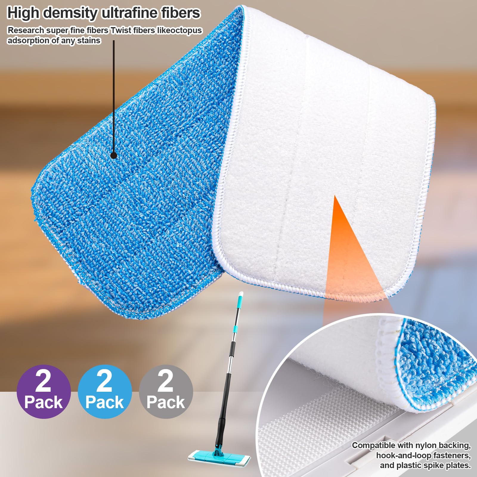 HOMEE Microfiber Mop Replacement, 6 Pack 18''x 6'' Reusable Mop Heads Replacements, Compatible with Bona Floor Care System Wet/Dry Home & Commercial, Cleaning Scrubbing Floor Mop Pad - Blue