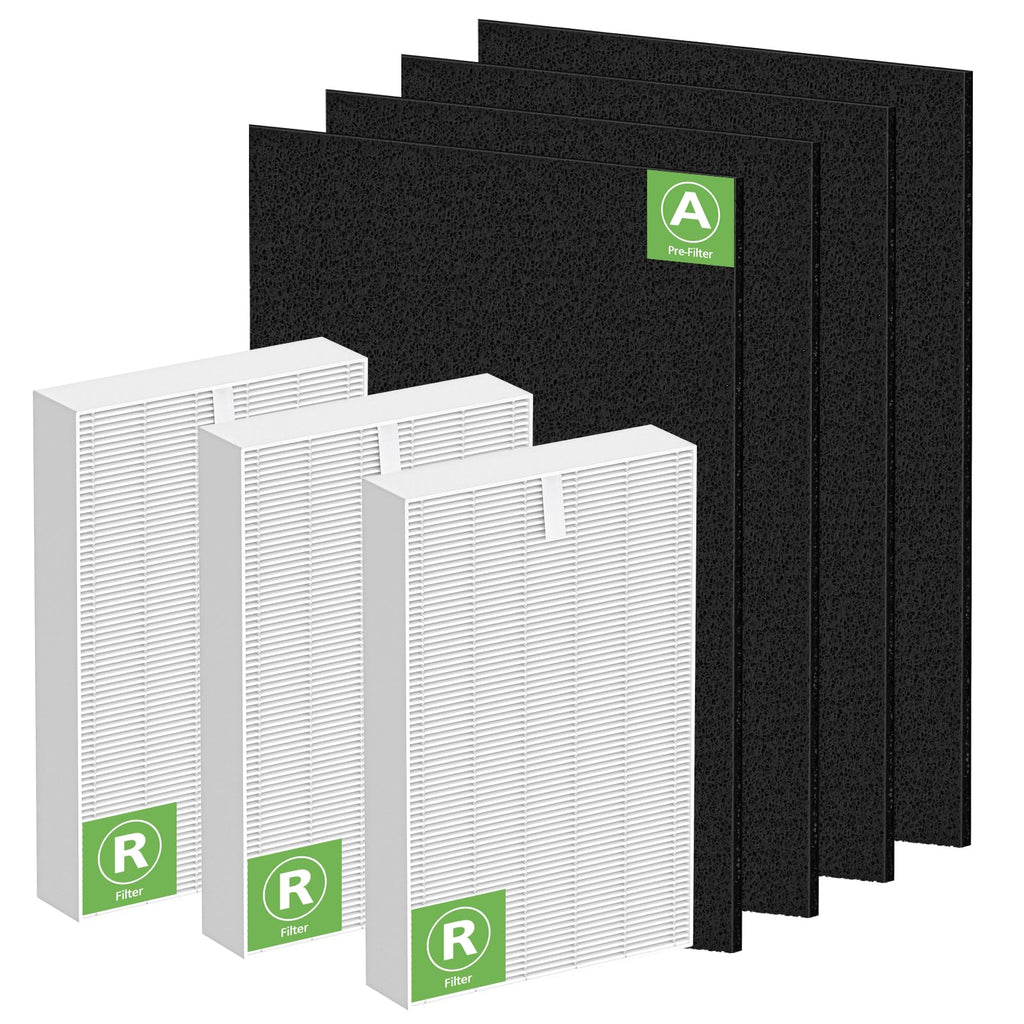 isinlive 3 Pack True HEPA 13 Filter R, HRF-R3 Compatible with Honeywell Air Purifier HPA300 with 4 Pack Precut Activated Carbon Pre-Filters Replacement HRF-AP1