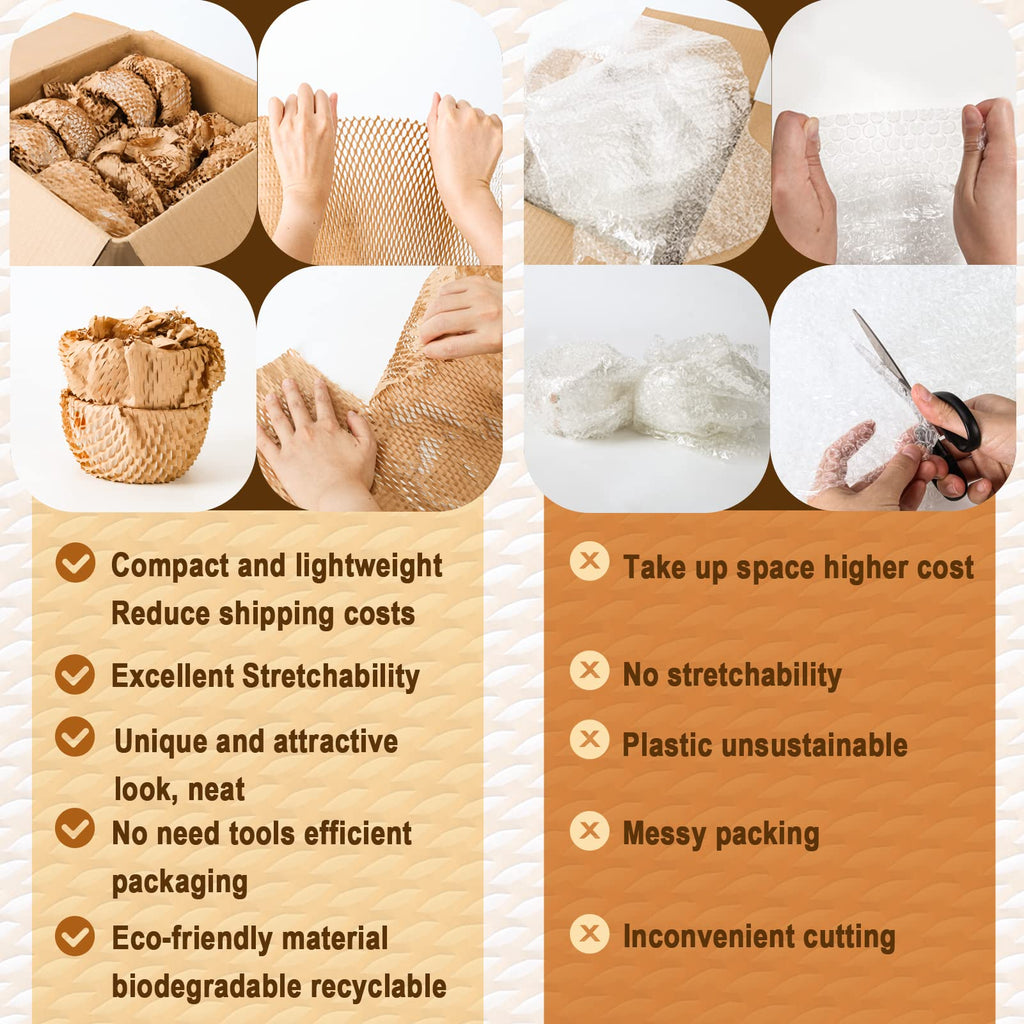 Honeycomb Packing Paper, 204' x 15" Recyclable Cushion Packing Paper for Moving Shipping Packaging Breakables, Eco Friendly Bubble Wrap Alternative Roll Kraft Honeycomb Paper with 20 Fragile Stickers