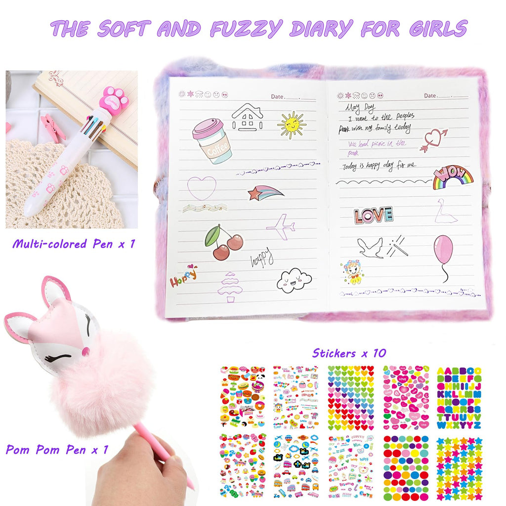 Girls Diary with Lock,Gifts for 7 8 9 10 11 12 Year Old Girls Journal for Kids with Bookmarks Sticky Notes Pom Pom Pen Notebook for Writing and Drawing