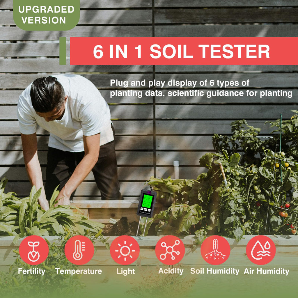LSENLTY 6-in-1 Soil Moisture Meter Digital Plant Fertility/Moisture/PH/Temp/Sunlight/Humidity Backlight LCD Display Soil Test Meter for Gardening, Farming and Outdoor Plants