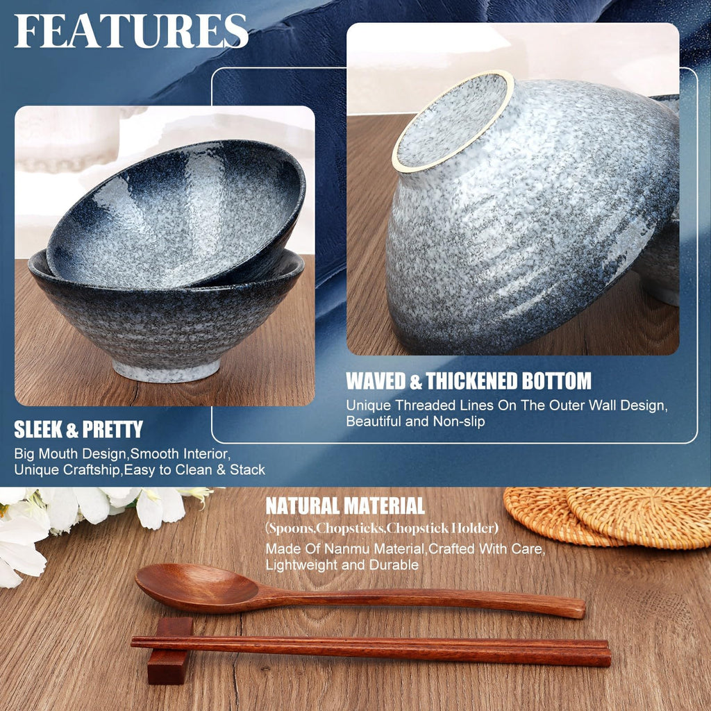 Ceramic Ramen Bowl Set of 2,35.5oz Japanese Ramen Bowls Soup Bowls Set with Spoon and Chopsticks and Chopstick Holders for Udon Soba Pho Asian Noodles (Blue-Grey)