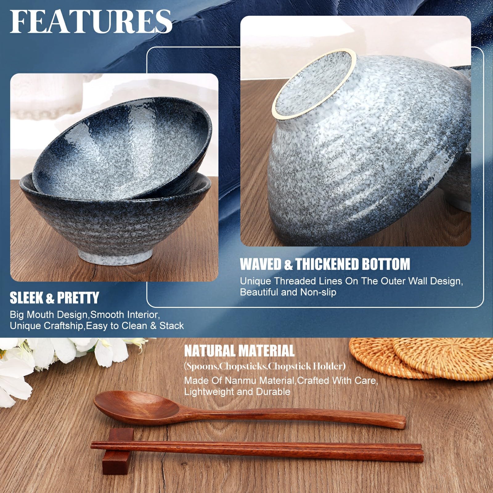 Ceramic Ramen Bowl Set of 2,35.5oz Japanese Ramen Bowls Soup Bowls Set with Spoon and Chopsticks and Chopstick Holders for Udon Soba Pho Asian Noodles (Blue-Grey)