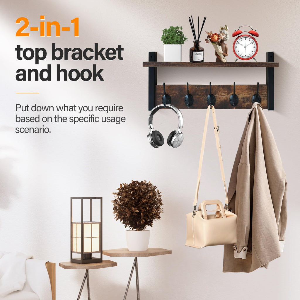 Orapoke Wall Shelf with Hooks, 17" Coat Rack Wall Mount with Shelf, Coat Hook Wall Mount with Five Heavy Duty Double Hooks for Bathroom, Bedroom, Living Room (One Tier)