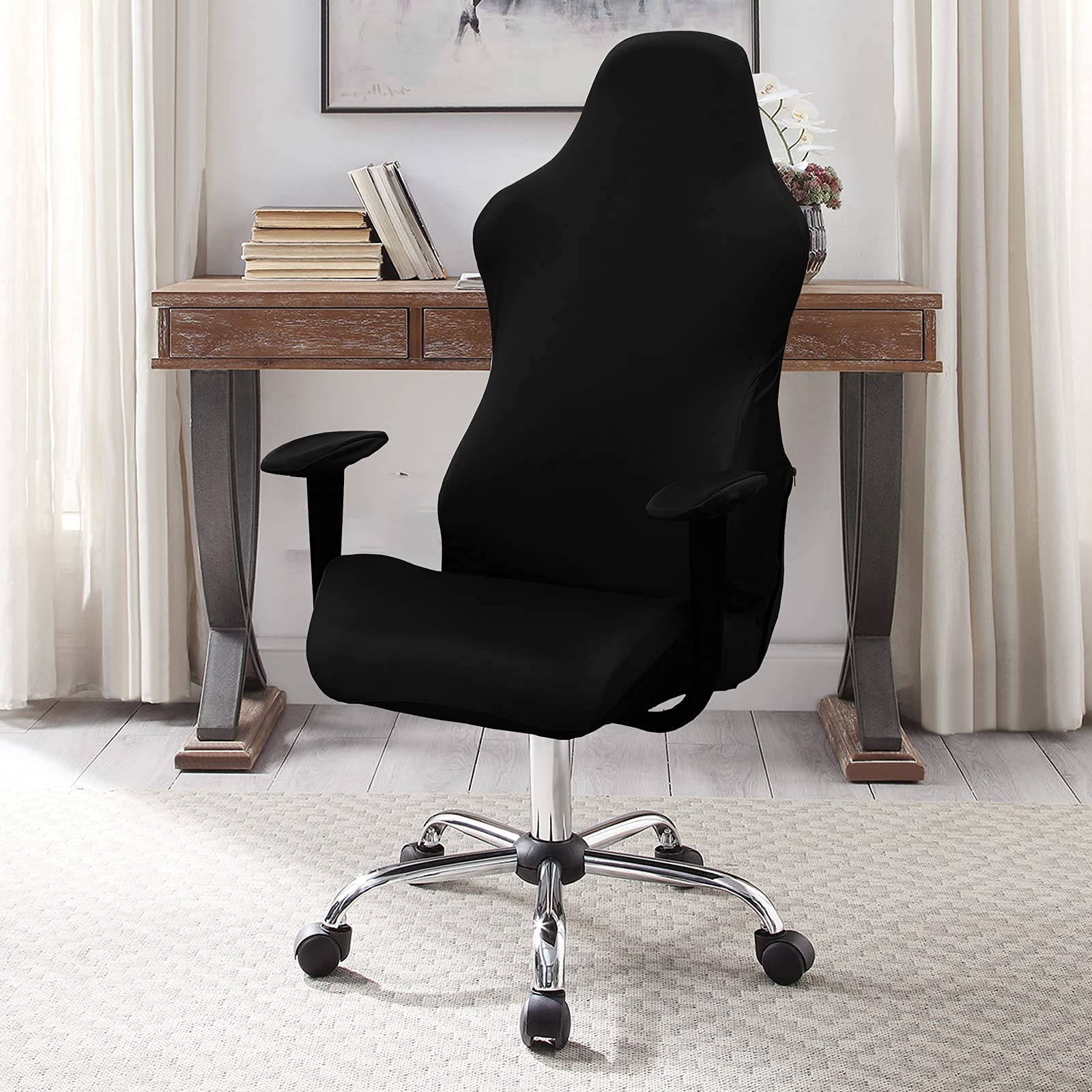 Gaming Chair Covers, Leather Computer Reclining Racing Ruffled Gamer Chair Protector, Stretchable Washable Stylish Slipcovers for Leather Computer Gamer Chair Protector (Black)