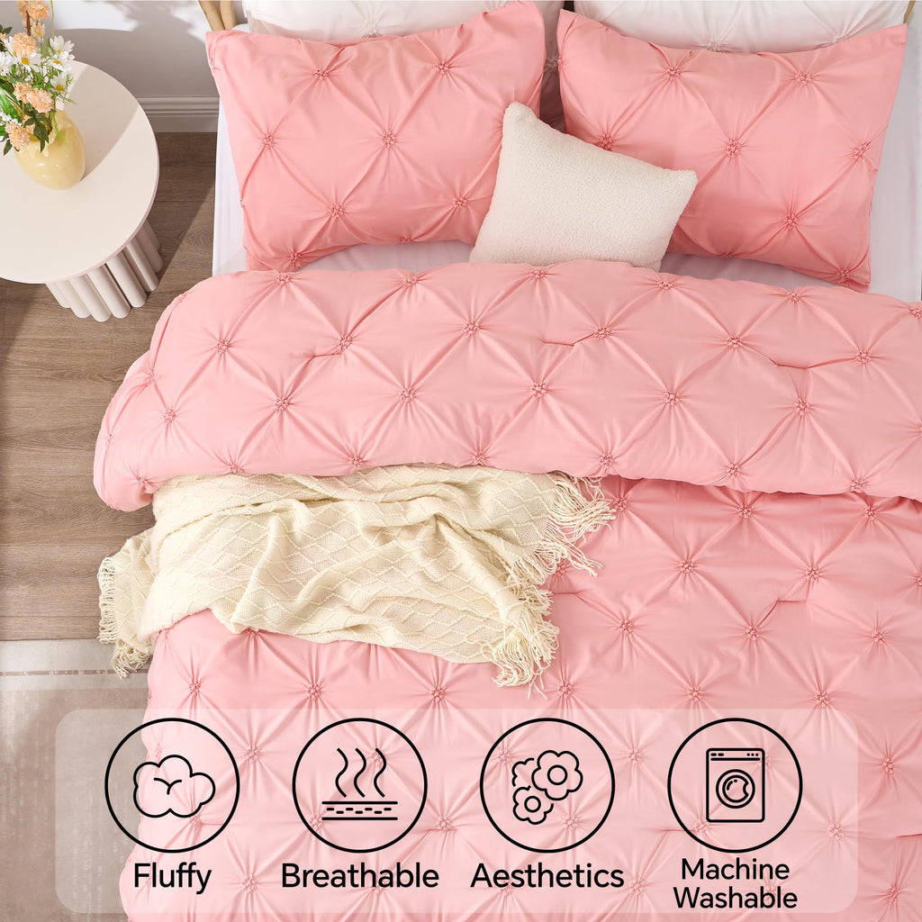 BEDELITE Queen Comforter Set Pink - 3 Pieces Boho Pintuck Bedding Sets, Queen Size Bed Set with 2 Pillow Shams for All Seasons, Room Decor Valentine's Gift,Lightweight Soft and Warm