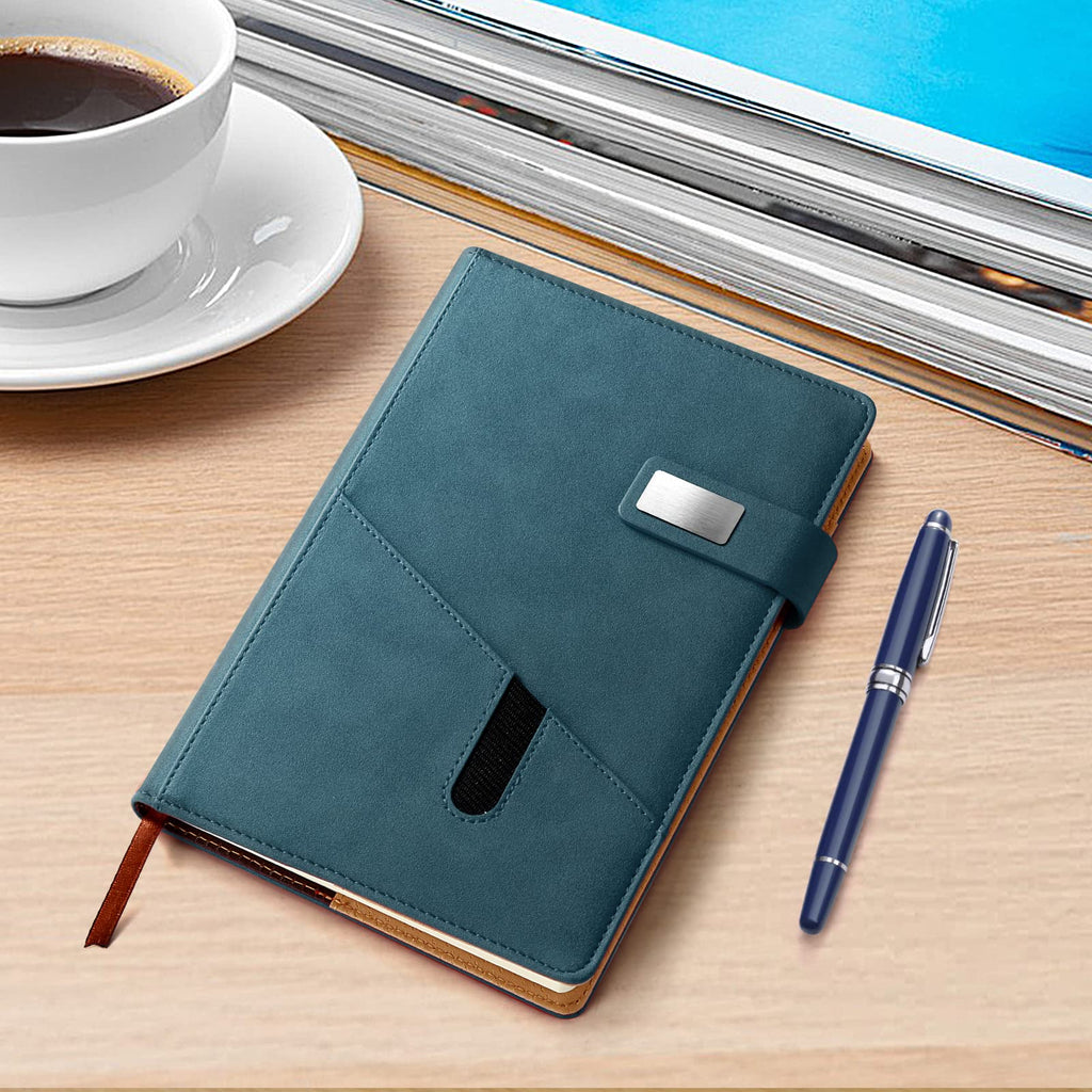 A5 Lined Leather Journal with Pen, 240 Pages Refillable Hardcover Notebook with Pocket and Magnetic Buckle, 80gsm Thick Daily Diary for Men and Women, Great Gift for Business School Travel Personal - Navy Blue