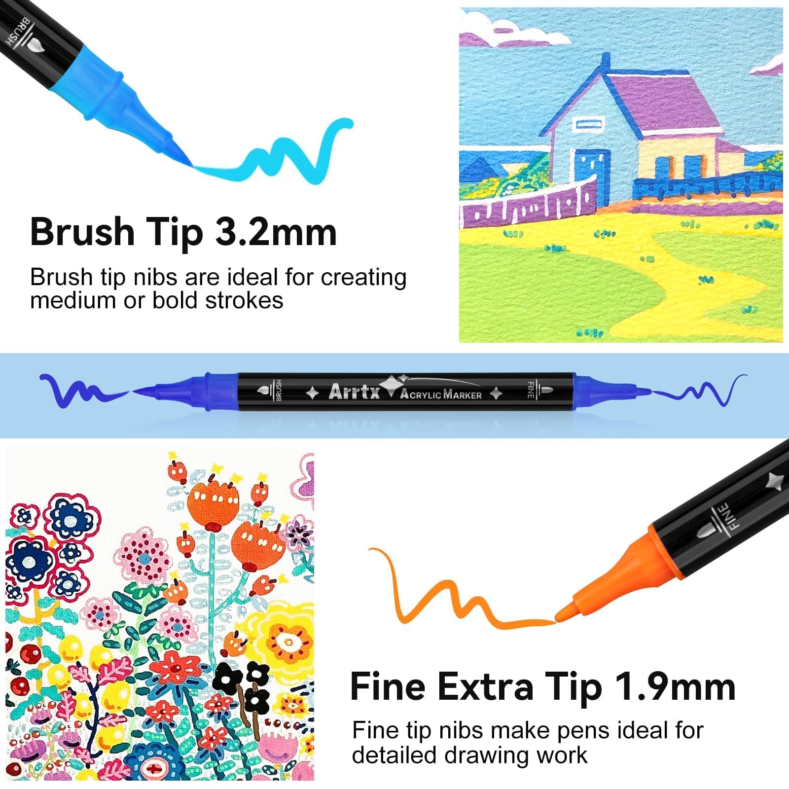 Arrtx Acrylic Paint Pens Markers 32 Colors, Dual Tip Acrylic Markers with Brush Tip and Fine Tip, Art Markers for Rock Painting, Paper, Wood, Canvas, Glass, Ceramic, Stone, DIY Crafts Supplies