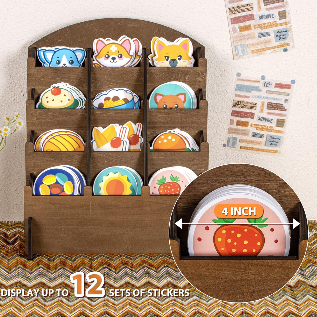 Wooden Sticker Display Stand, Sticker Holder Display Organizer with 12 Pockets for Greeting Card, Postcard, Coaster, Bookmark, Brochure, Vendors, Retail, Brown