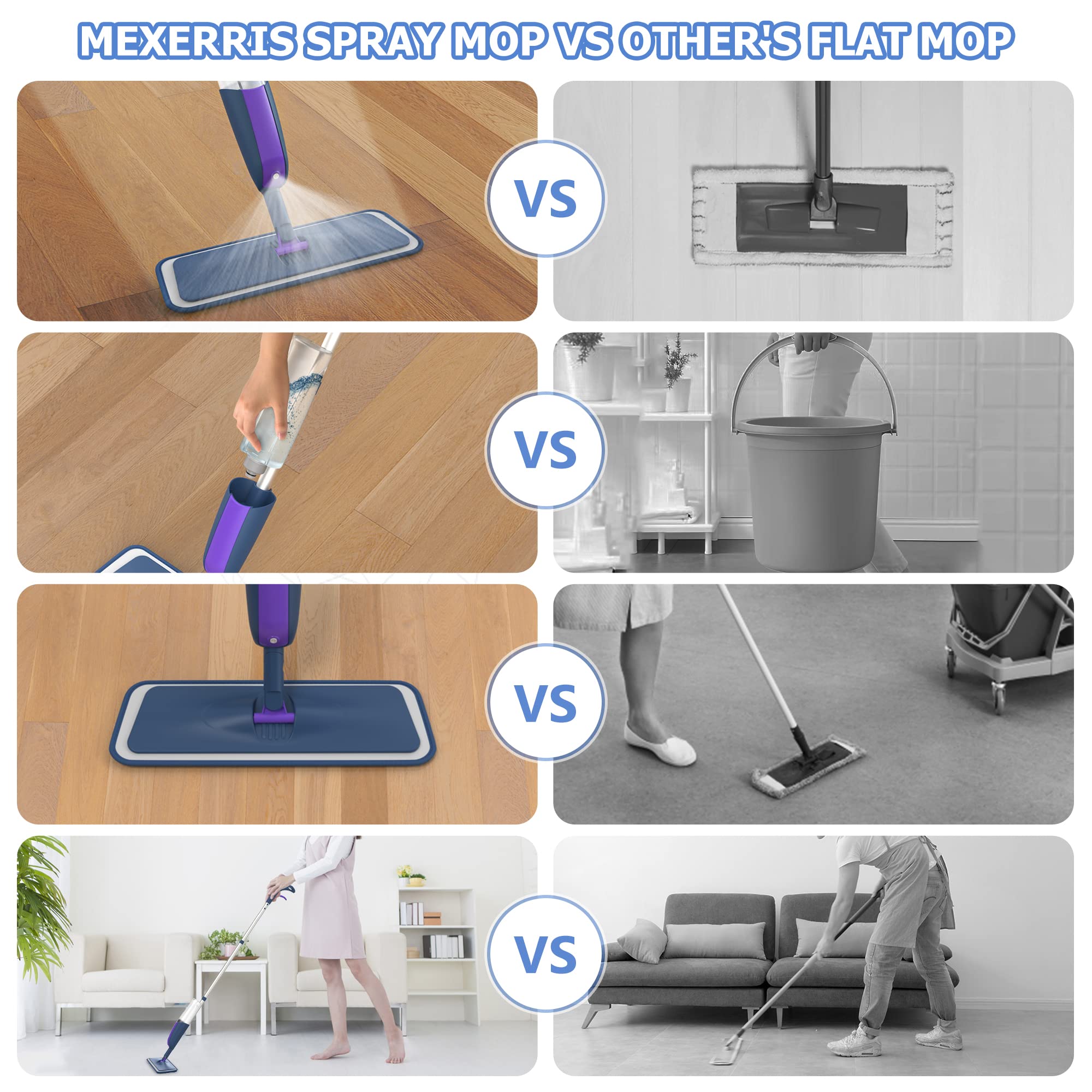 Spray Wet Dry Mops for Floor Cleaning - MEXERRIS Microfiber Hardwood Floor Mop with Spray Dust Dry Flat Mops with 2 Refillable Bottle 4 Pads for Hardwood Laminate Wood Ceramic Vinyl Marble Tile