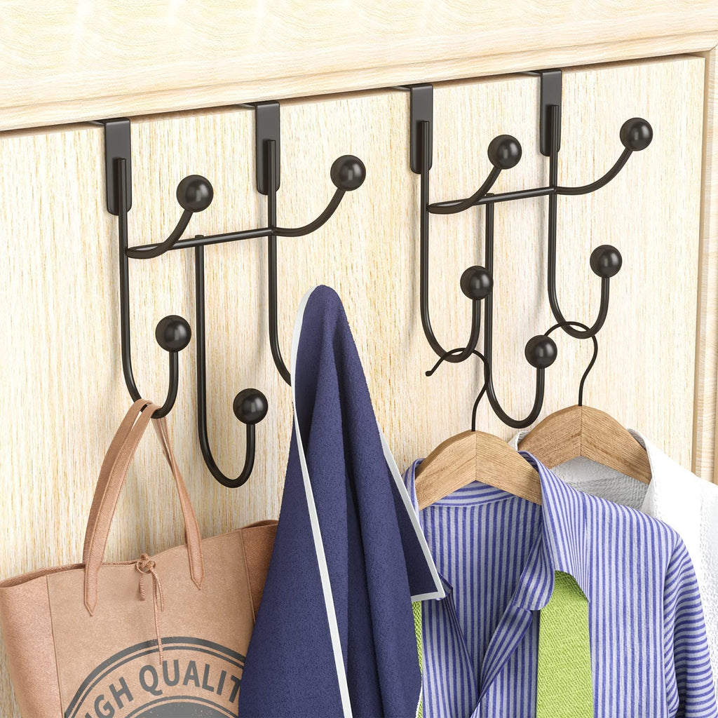 HapiRm Over Door Hooks with 5 Coat Hooks, Stainless Steel Bedroom Hanger 2 Pack with Scratch Proof Pad, Hook for Hanging Coats Towel Hat Bag, Back of Door Hook Black for Bath