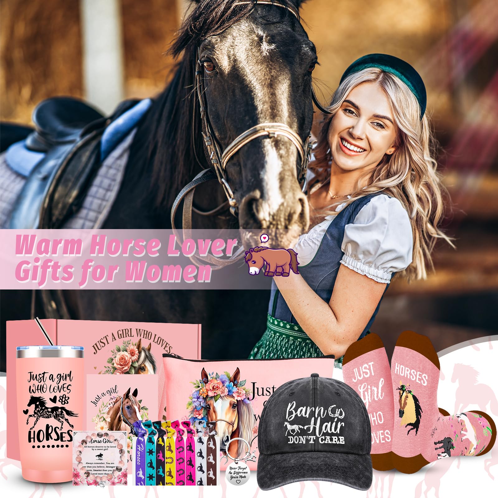 JTAMOHI Horse Lover Gifts for Women Girls, Horses Stuff Cool Gifts for Horses Lovers with 20 Oz Tumbler Baseball Hat Socks Makeup Bag Bracelet Hair Accessories for Birthday, Christmas Gifts