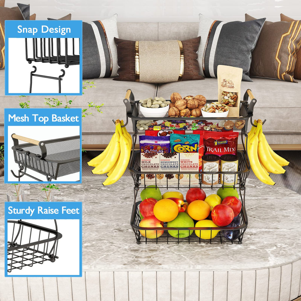 ANTOPY 3 Tier Fruit Basket with 2 Banana Hangers, Countertop Vegetable Bowl for Kitchen Counter Metal Mesh Fruits Stand Produce Holder Organizer Onion Potato Bread Snack Veggie, Black BP209