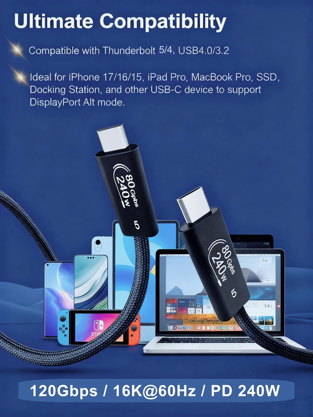 80Gbps compatible with Thunderbolt 5 Cable, Bandwidth up to 120Gbps,16K/Dual 8K display and 240W Charging, 3.3ft USB C to USB C cable Compatible with Thunderbolt 4/5,Iphone 17/16/15,Macbook,Ipad Pro