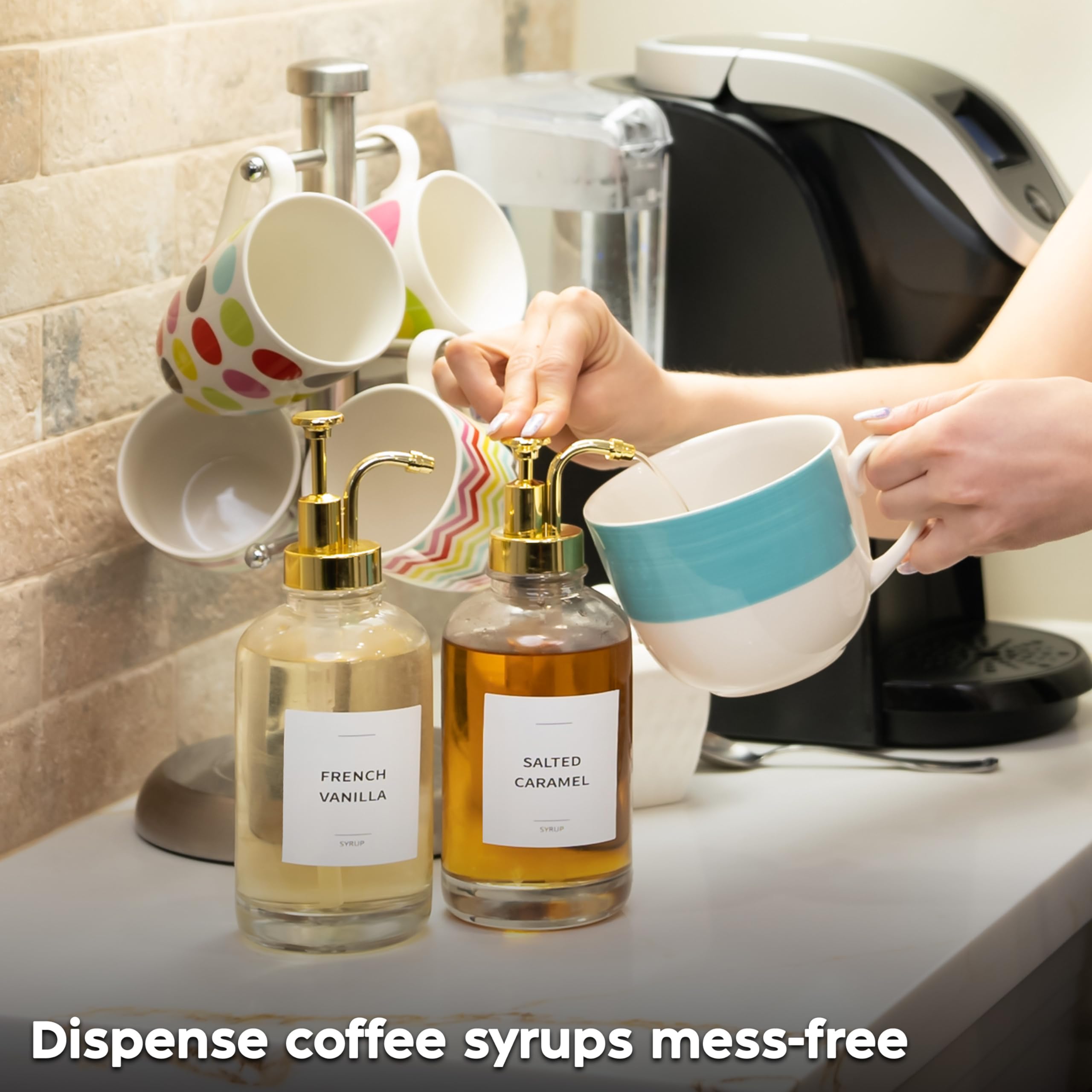 Spaceneat Coffee Syrup Dispenser with Pump - Includes 24 Flavor Labels - Glass Syrup Dispenser for Coffee Bar - Elevate your Beverage Station with 16.9 fl oz Flavoring Container Bottles, 2pcs, Gold