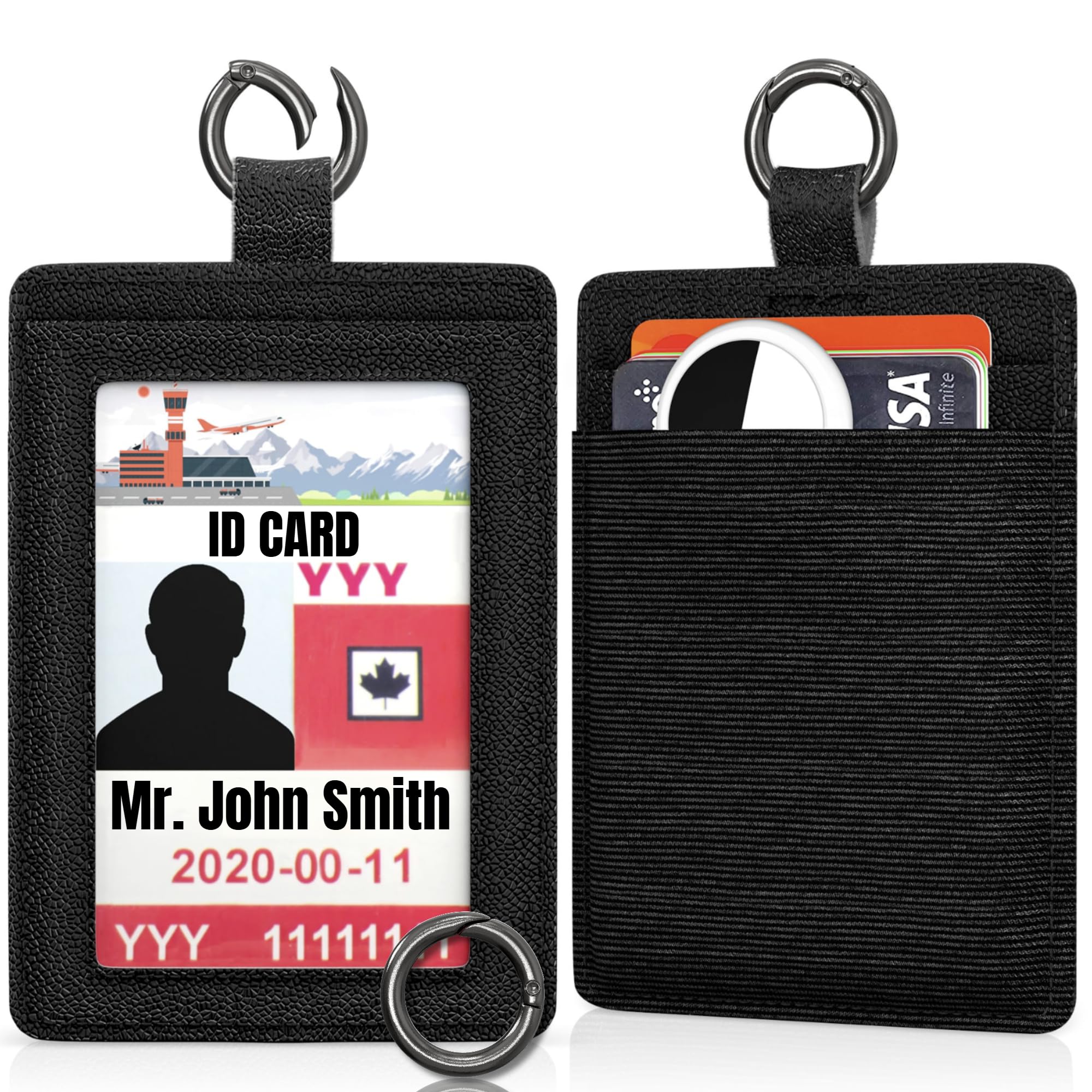 EDO GOT Black Genuine Leather ID Badge Holder for a Lanyard or Belt Loop, Premium ID Card Holder Multinational Design with Spring Ring Clasp, Elastic Back Card Pocket, Airports ID Badge Swipe