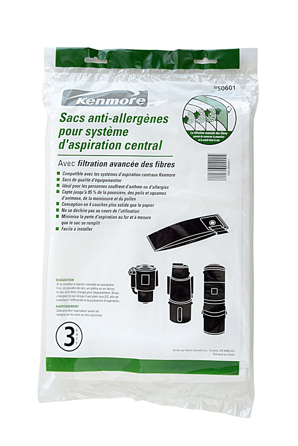 Kenmore 50601 Allergen Central Vac Bags. Genuine Kenmore Synthetic Central Vacuum Cleaner Bags. Package of 3 Bags
