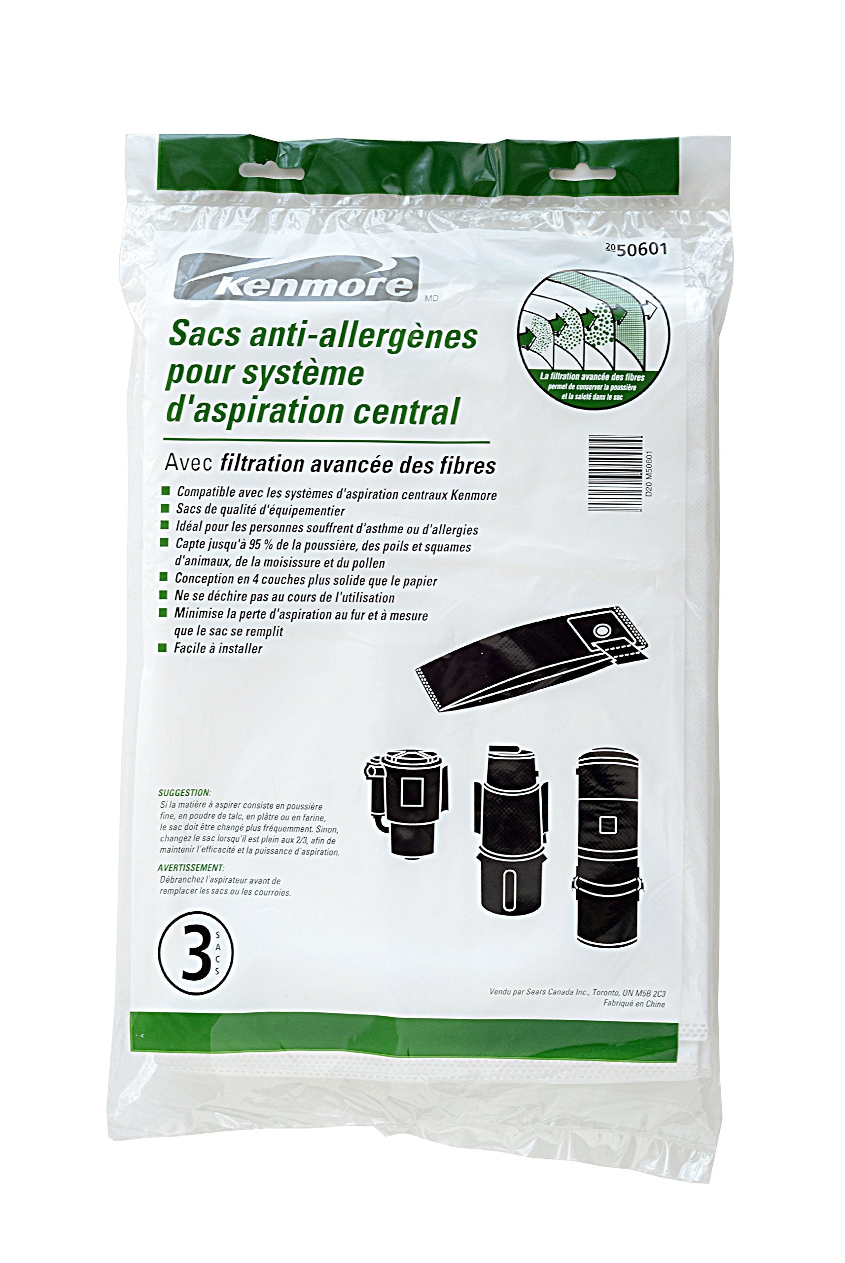 Kenmore 50601 Allergen Central Vac Bags. Genuine Kenmore Synthetic Central Vacuum Cleaner Bags. Package of 3 Bags