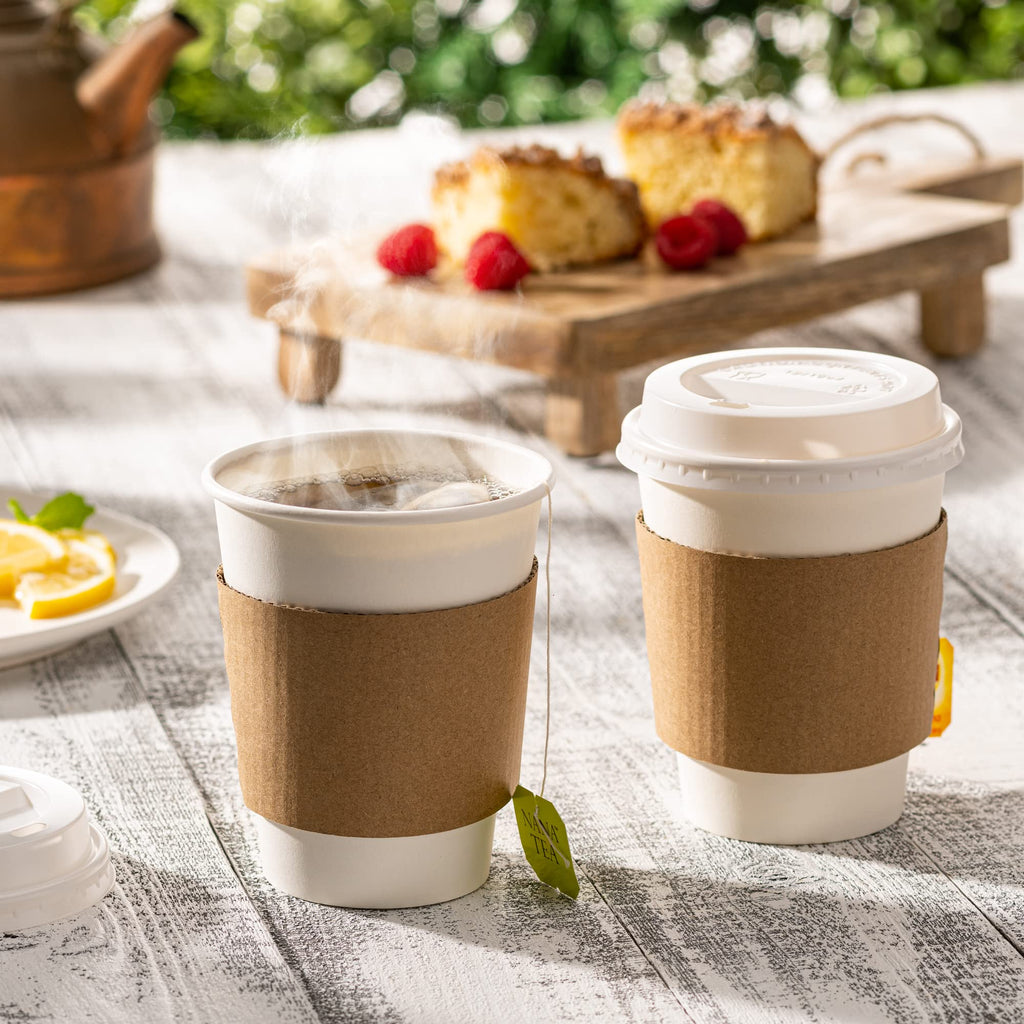 Gusto [50 Sets] 12 oz. Disposable White Paper Coffee Cups with White Lids, Sleeves - to Go Paper Hot Cups- Formerly Comfy Package