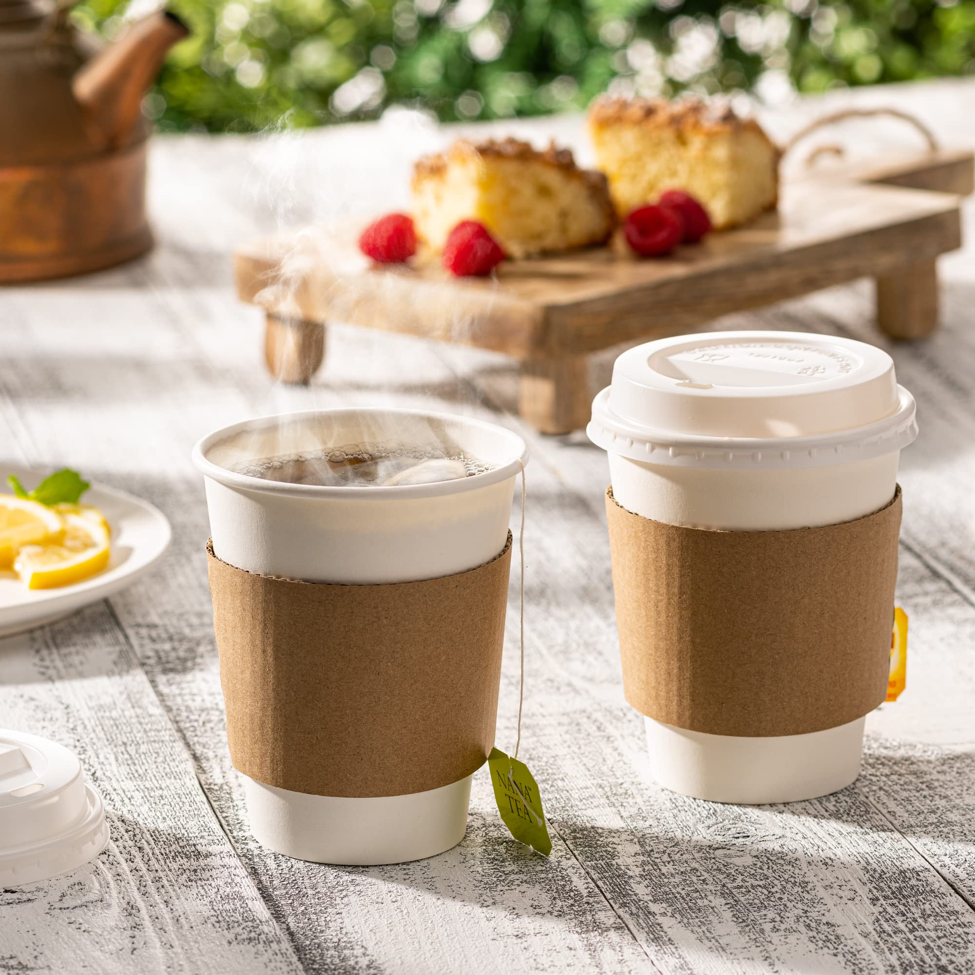 Gusto [50 Sets] 12 oz. Disposable White Paper Coffee Cups with White Lids, Sleeves - to Go Paper Hot Cups- Formerly Comfy Package