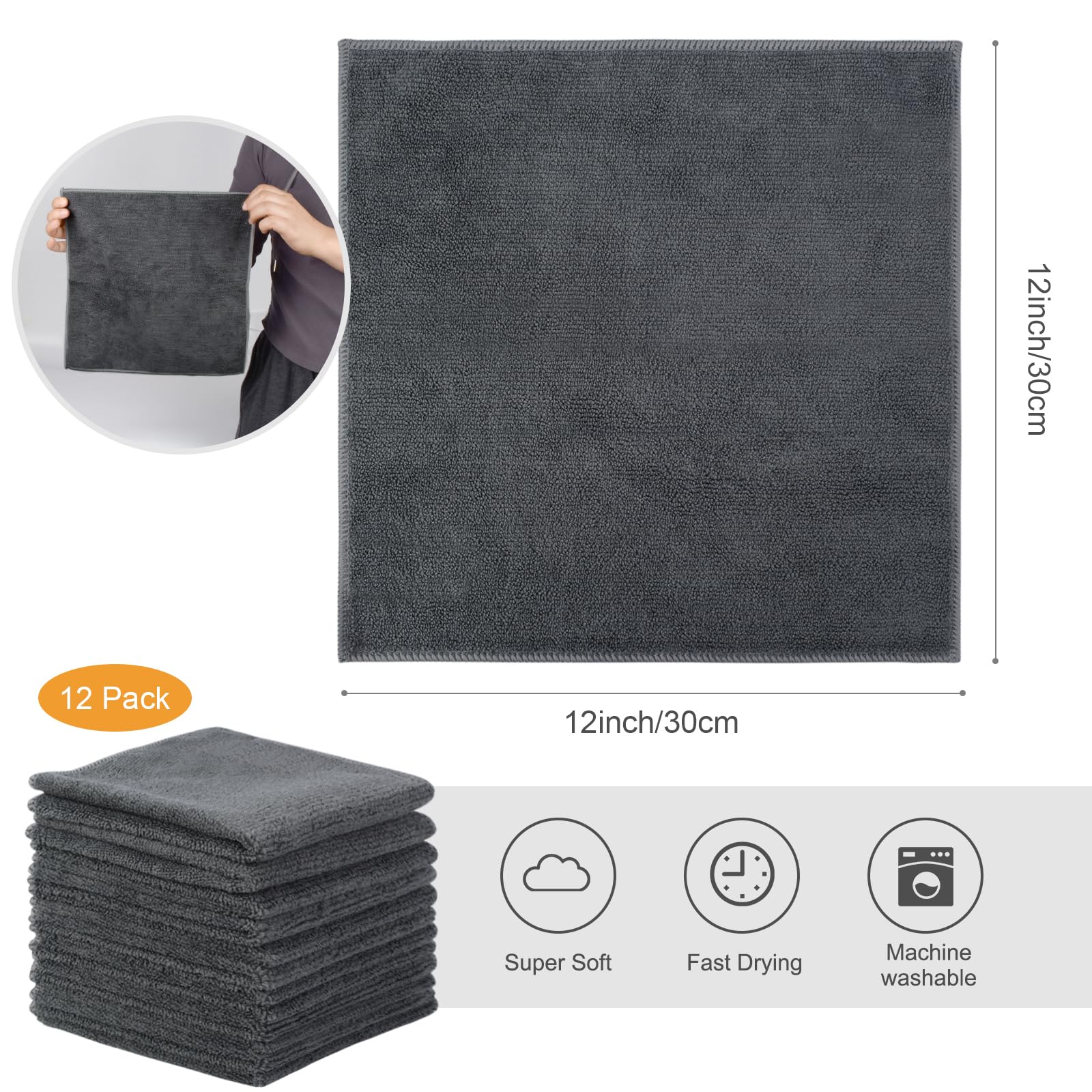 Sinland 12Pack Microfiber Cleaning Cloths All-Purpose Soft Dish Cloth Absorbent Cleaning Rags Lint Less Car Cloth Cleaning Towels for Home, Kitchen, Office 12 Inch X 12 Inch Grey