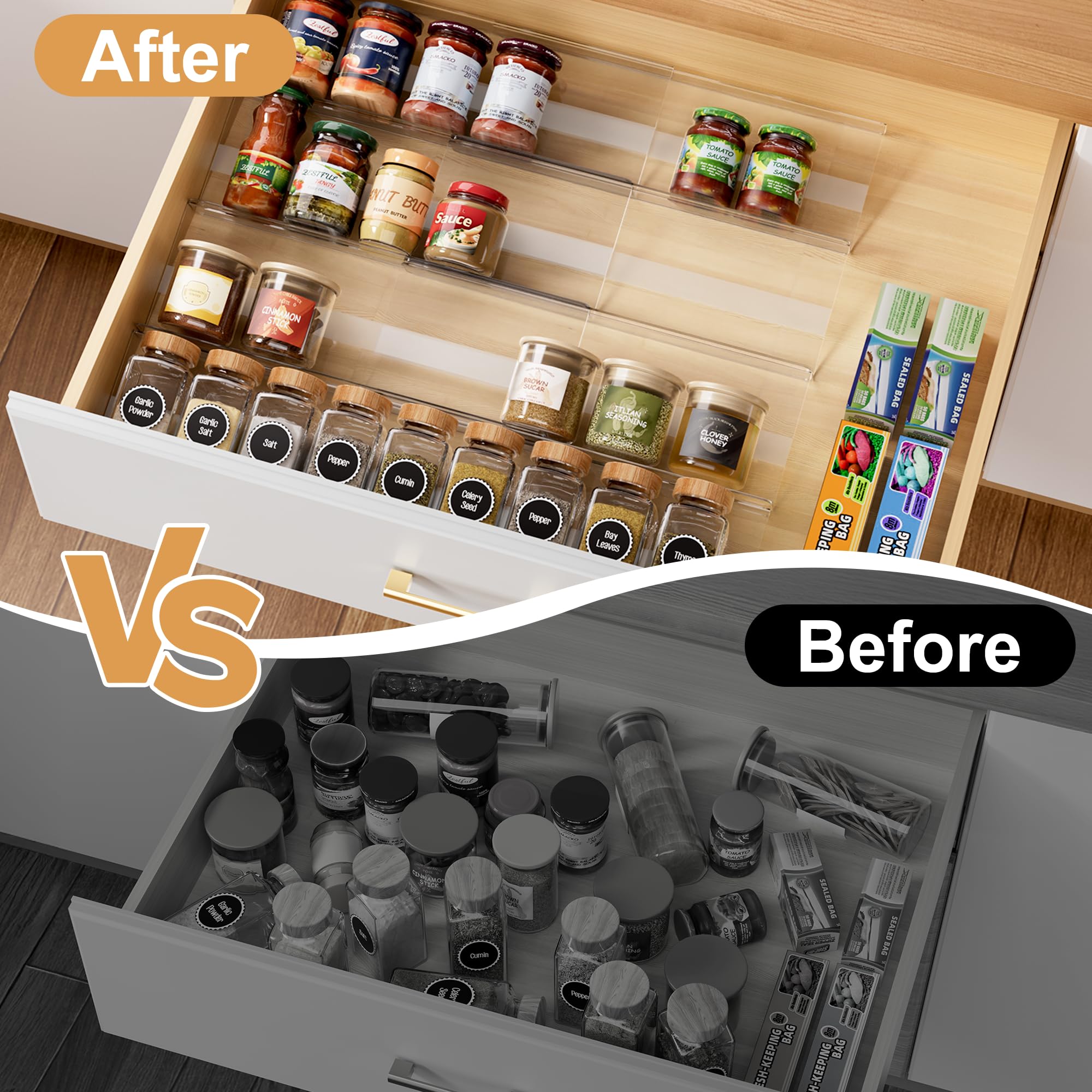 Brippo 8-Pack Spice Drawer Organizer, Expandable Acrylic Seasoning Rack (13" to 26") with Anti-Slip Mat, Kitchen Spice Rack Tray Holds up to 56 Jars