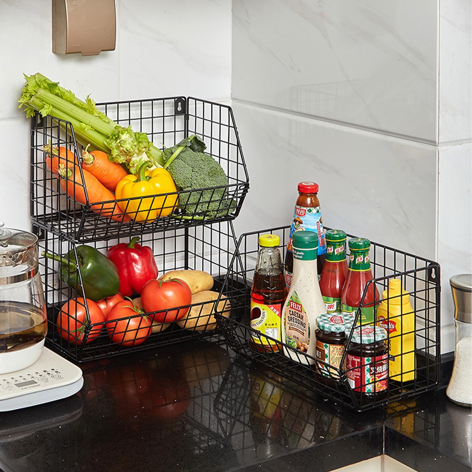 Guvarog 3-Pack Hanging Closet Organizer Wire Basket for Fruit, Vegetable, Potato and Onion Storage - Wall Mounted Closet Organization Bin