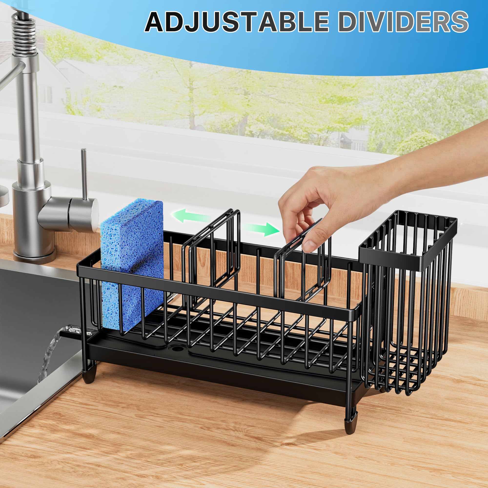 Cisily Sponge Holder for Kitchen Sink, Sink Caddy with High Brush Holder, Organzier Rustproof 304 Stainless Steel Dish Organizer Divider, Soap Dispenser Storage (Black)