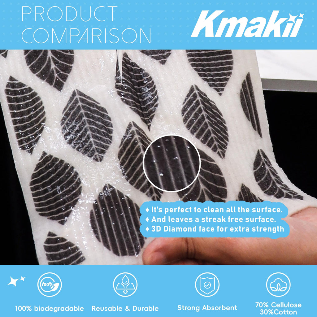 KMAKII 10 Pack Swedish Dishcloths - Black & White - Cellulose Sponge Cloths Reusable Cleaning Cloths Absorbent Dish Cloth Quick Drying for Kitchen and Cleaning Counters