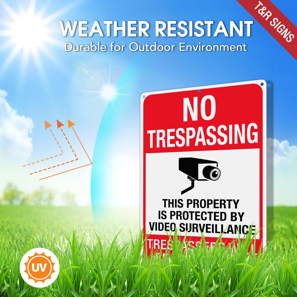 No Trespassing This Property Is Protected By Video Surveillance Trespassers Will Be Prosecuted Metal Reflective Sign - 14 x 10 Inches .040 Aluminum - 6 Pre-Drilled Holes - UV Protected, Waterproof and