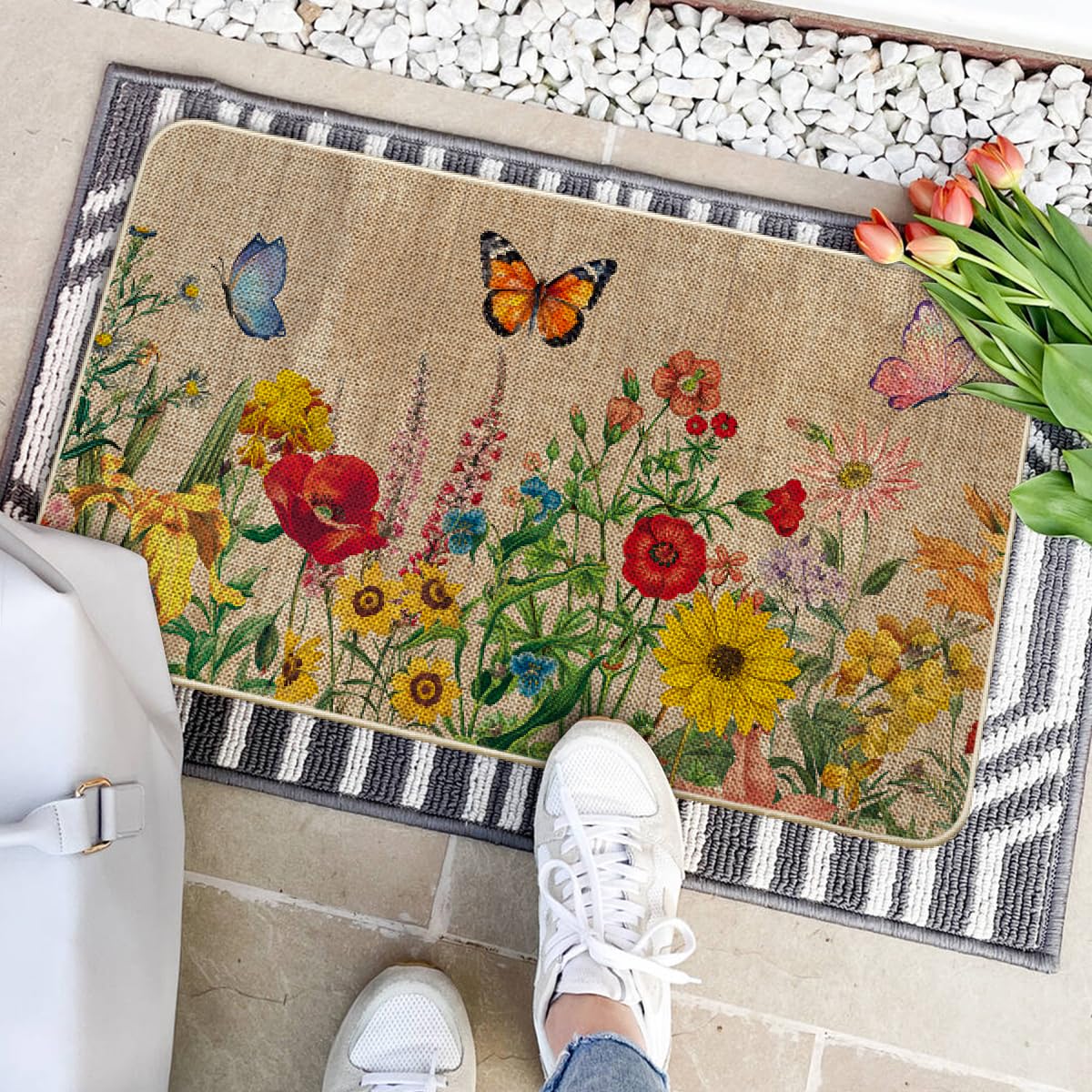 Artoid Mode Wood Flowers Butterfly Spring Doormat, Home Summer Decor Low-Profile Switch Rug Door Mat Floor Mat for Indoor Outdoor 17x29 Inch