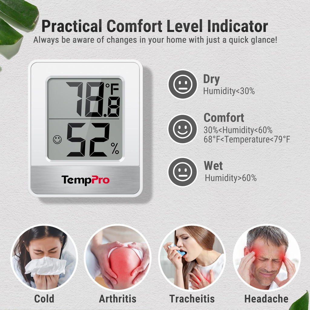ThermoPro TP49 2 Pieces Digital Hygrometer Thermometer Humidity Meter Room Thermometer with Temperature and Humidity Monitor Outdoor Thermometer White
