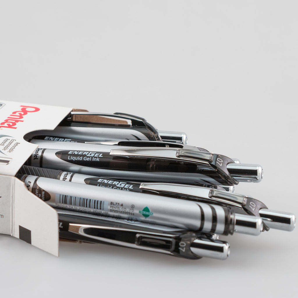Pentel EnerGel Deluxe RTX Gel Pens, 0.7 mm Metal Tip, Black/Silver Barrel, Black Ink, 12 Each (BL77-A)