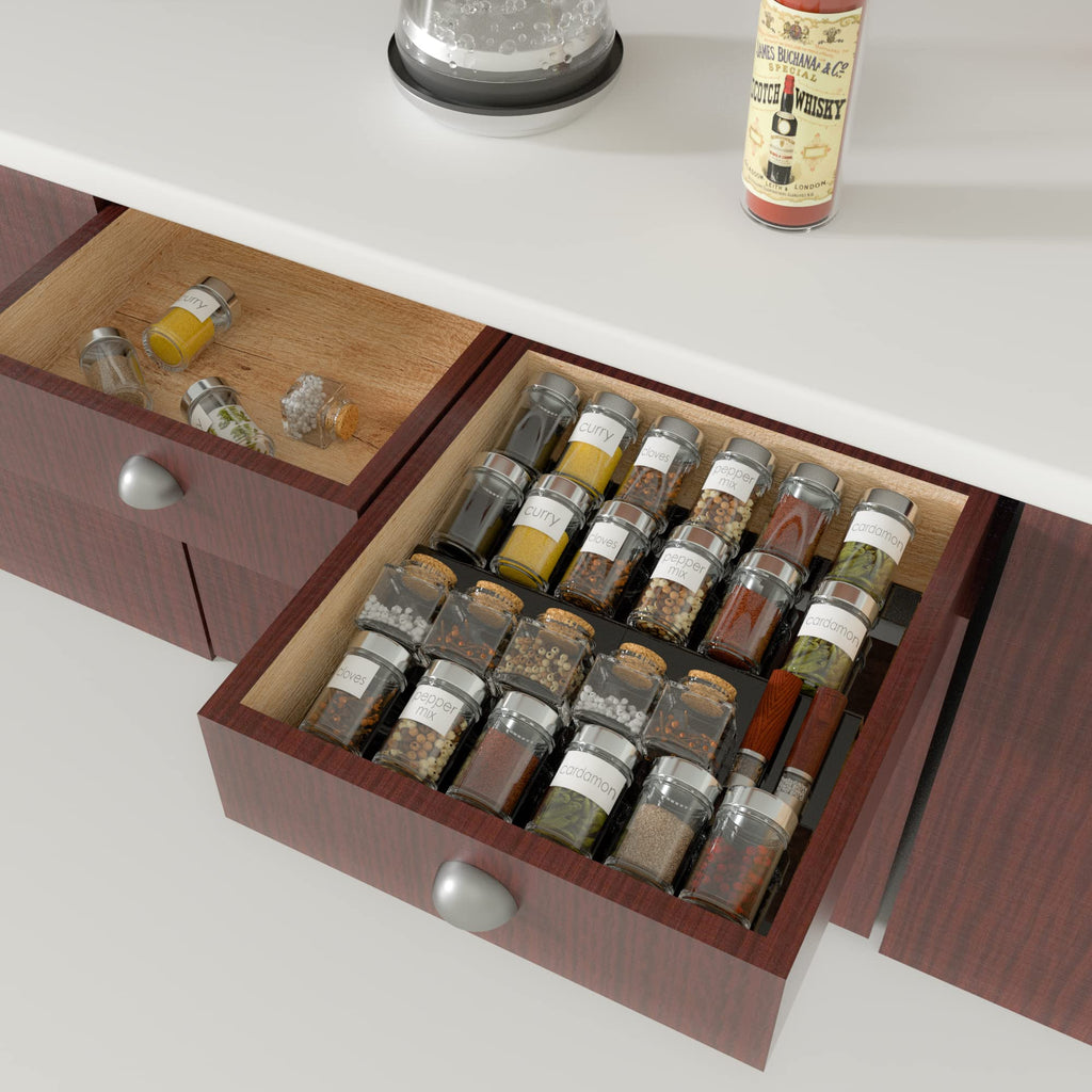 Sezanrpt Adjustable Acrylic Spice Drawer Organizer Rack, Spice Drawer Organizer Shelf Expandable From 8 Inch to 16 Inch, Acrylic Drawer Organizer for Seasoning Jars
