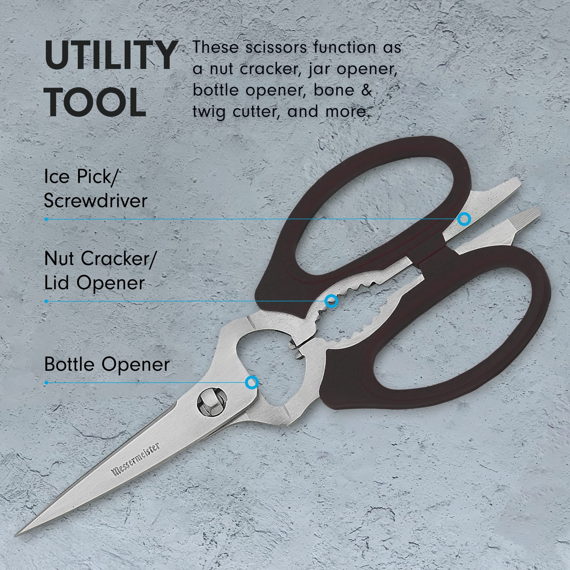 Messermeister 8-Inch Take-Apart Kitchen Scissors, Black - Includes Screwdriver, Nut Cracker, Jar Lid Opener/Gripper, Bottle Opener & Bone + Twig Cutter - Suitable for Lefties & Righties
