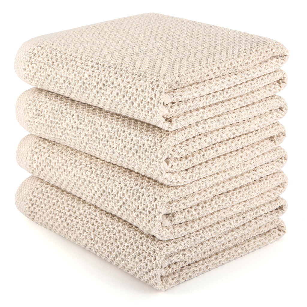 HOMYTOP Large Kitchen Hand Towels,Cotton Waffle Weave Dish Towel for Drying, Cleaning Cloth for Kitchen Dishes - Extra Absorbent and Soft - 16 x 28 inch (Cream-4 Pack)