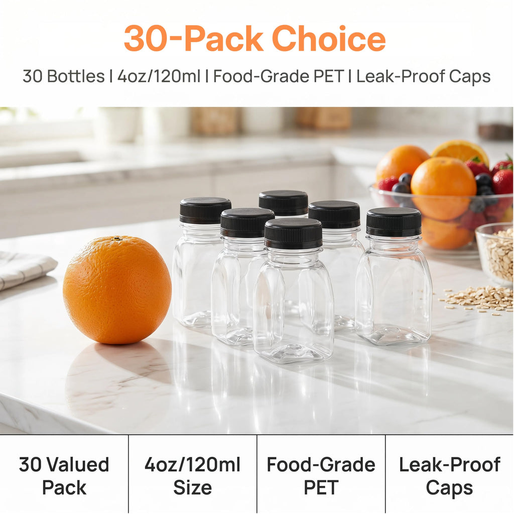 Dicunoy 30 Pack 4 OZ Plastic Juice Bottles with Lid, Mini Ginger Shot Bottles, Empty Small Drink Containers for Mini Fridge, Reusable Small Beverage Bottle for Juice, Smoothie, Milk, Cold Beverage