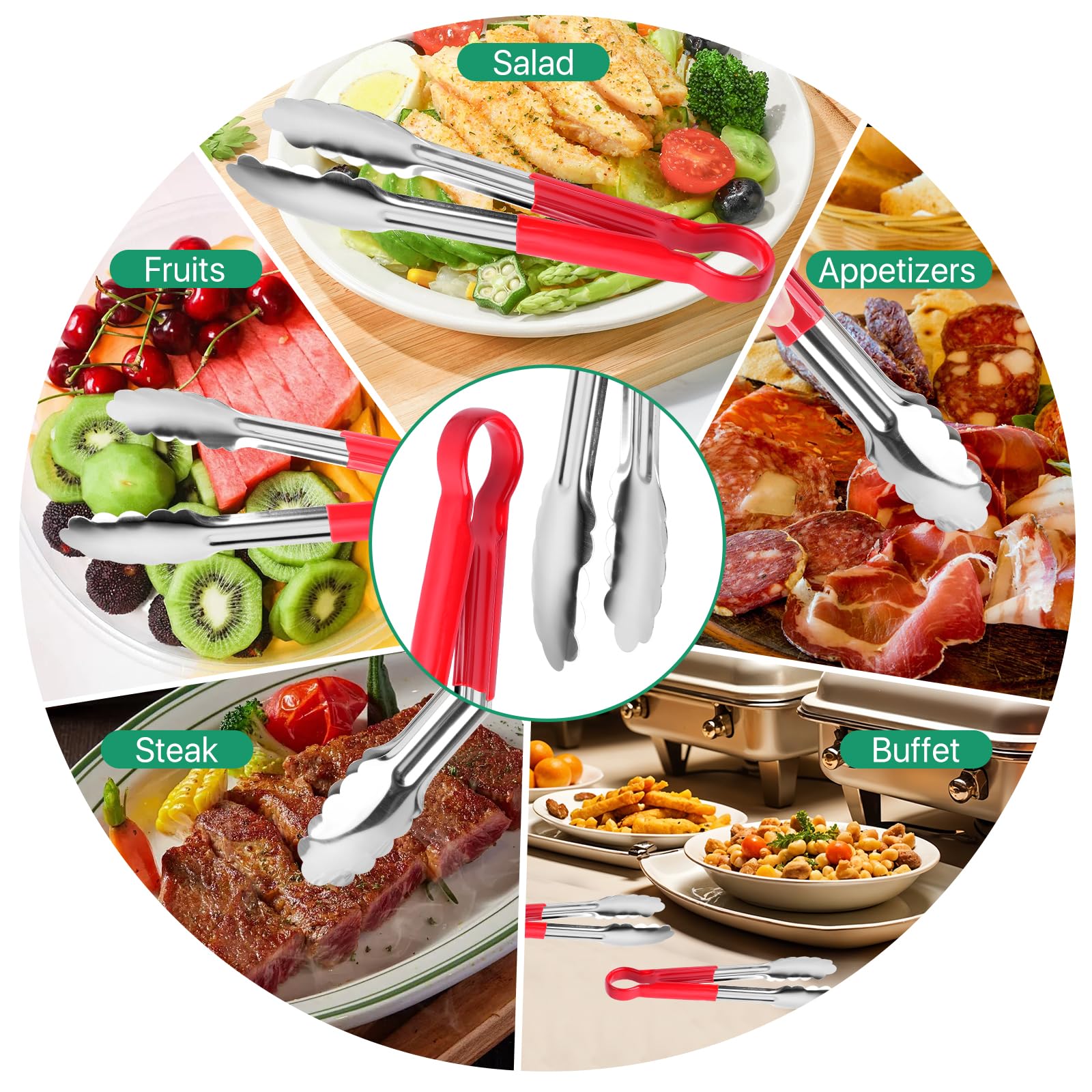 Worldity 10 Pack 9 in Kitchen Tongs, Heat Resistant Stainless Steel Serving Tongs with Non-Slip Handle, Red Serving Tong for Cooking, BBQ, Buffet, Dinner