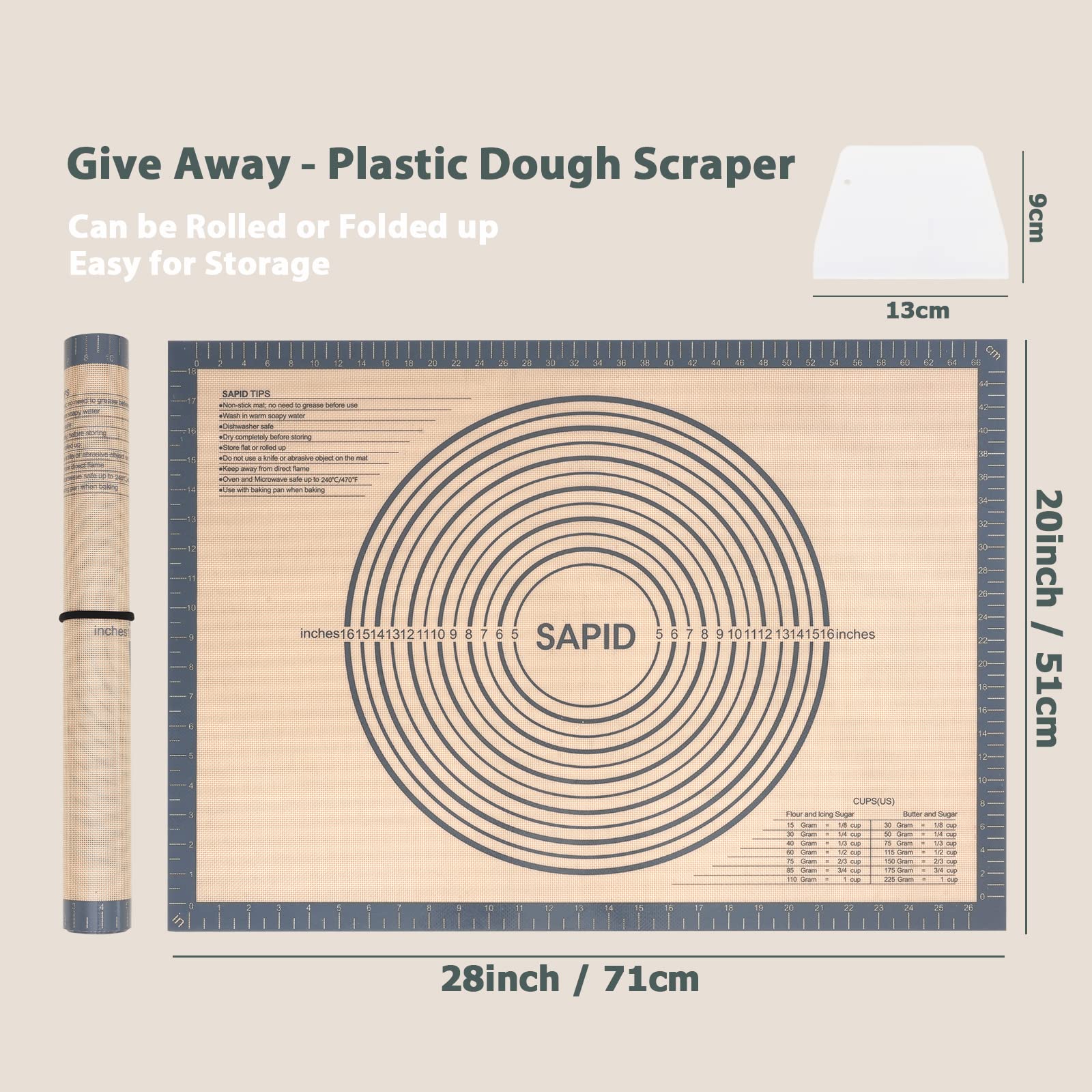 Sapid Extra Thick Silicone Pastry Mat Non-slip with Measurements for Non-stick Silicone Baking Mat Extra Large, Dough Rolling, Pie Crust, Kneading Mats, Countertop, Placement Mats (20 inch x 28 inch ,Gray)