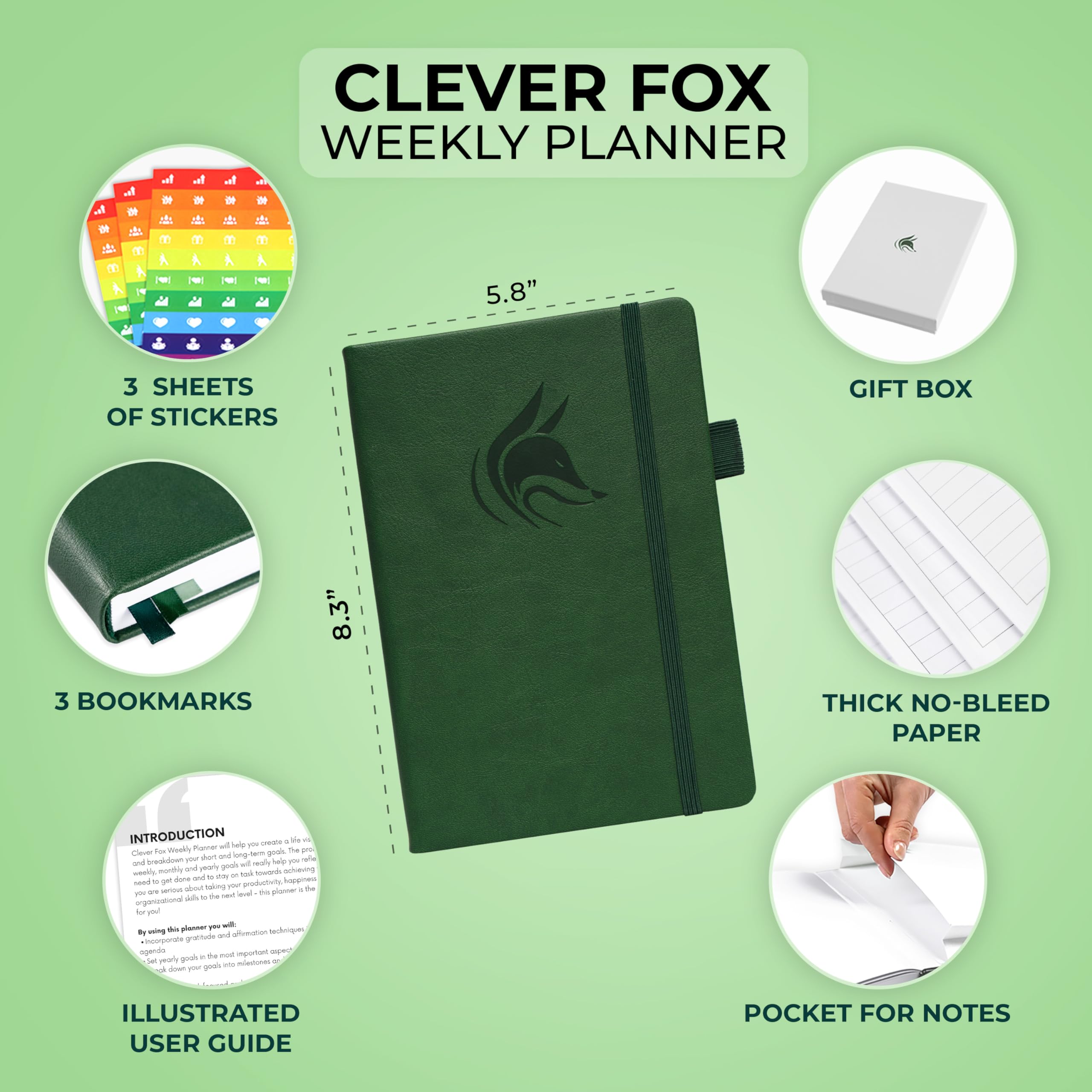 Clever Fox Planner – Weekly & Monthly Planner to Increase Productivity, Time Management and Hit Your Goals – Organizer, Gratitude Journal – Undated, Start Anytime, A5, Lasts 1 Year, Forest Green (Weekly)