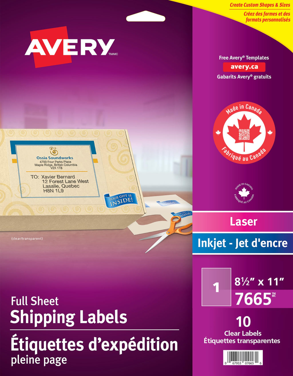 AVERY Clear Full-Sheet Shipping Labels for Laser and Inkjet Printers, 8.5" x 11", Glossy Clear, Rectangle, 10 Labels, Permanent (7665) Made in Canada