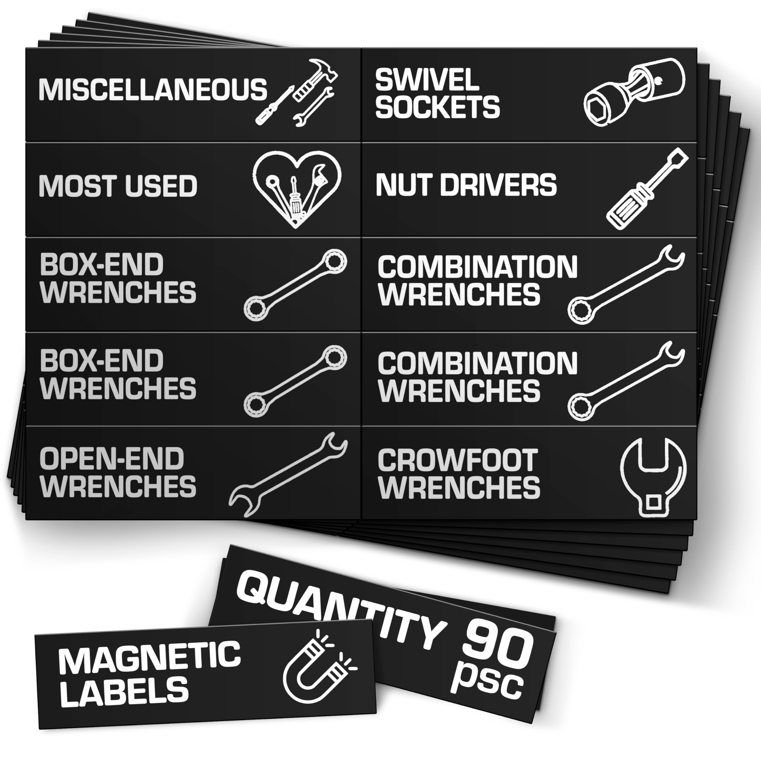 90 Pcs Magnetic Tool Box Labels 3.5x1 inch - Magnetic Toolbox Labels for Tool Box Drawers Strong Magnet Toolbox Organizer Chest Black Pre-Printed & Blanked Emblems for Organization - Toolbox Emblems