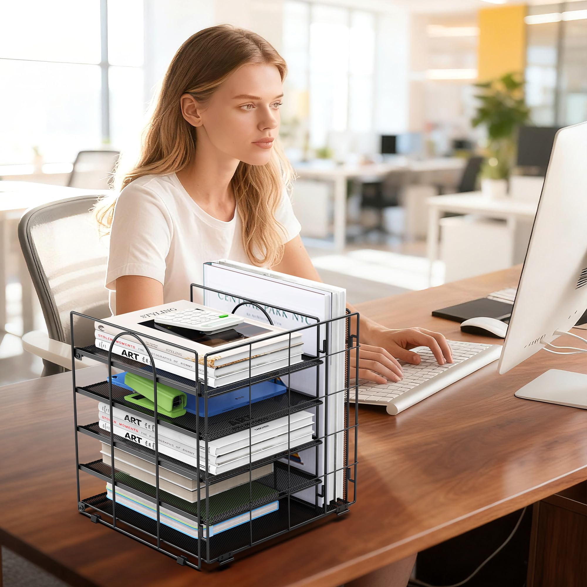 Auvo ADO04 Metal Mesh Desk Organizer, 5-Tier Paper Letter Tray with File Holder, Vertical Magazine/File Holder, Desktop Organizer for Office Supplies, Black