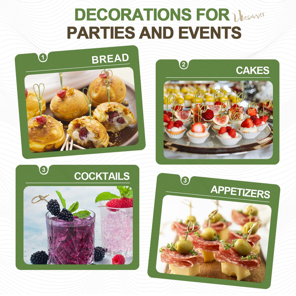 URSMART 300PCS Bamboo Cocktail Picks,Toothpicks for Appetizers 4.7Inch Appetizer Picks,Bamboo Handmade Skewers with Loop,Knot&Scissors for Appetizers,Cocktail Drinks,Barbecue(Every Style 100PCS)