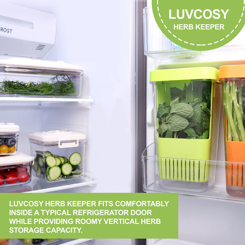 LUVCOSY 2 Pack Herb Keeper, BPA-Free Plastic Herb Saver with Inner Basket, Storage Container for Cilantro, Mint, Parsley, and Asparagus, Keeps Food Fresh for 3 Times Longer (Green & Blue)