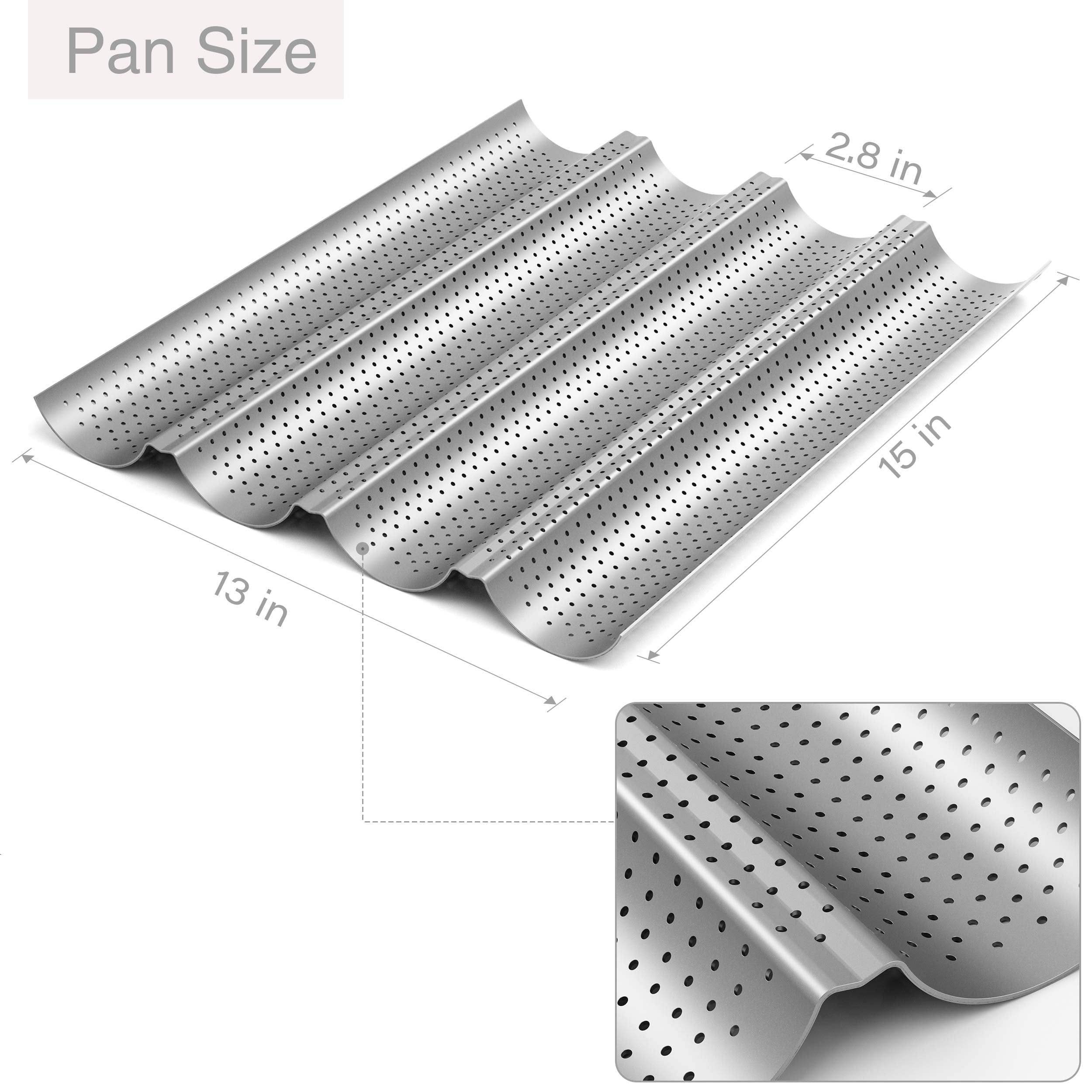 2 Pack Nonstick Perforated Baguette Pan 15" x 13" for French Bread Baking 4 Wave Loaves Loaf Bake Mold Toast Cooking Bakers Molding 4 Gutter Oven Toaster Pan (Sliver)